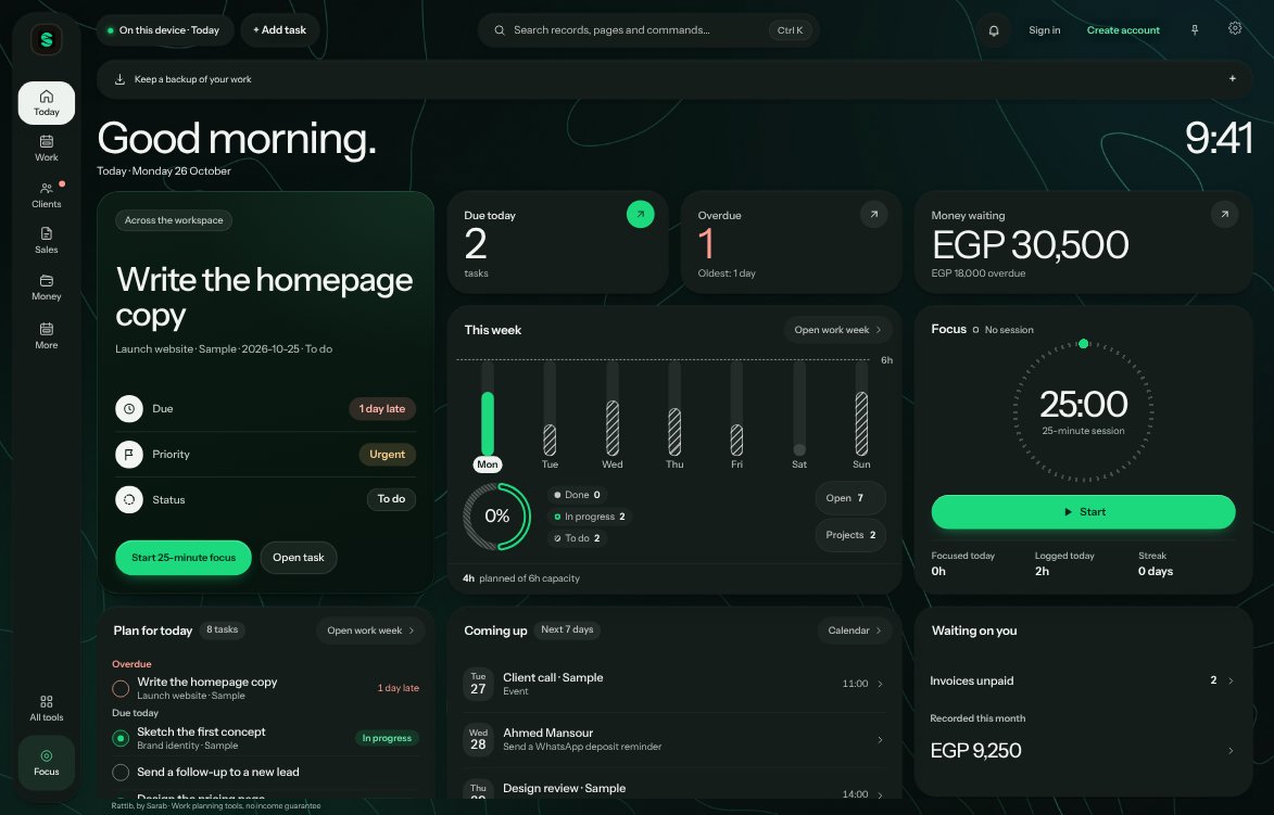 Today in Rattib in the dark theme with the Sarab palette and a sample workspace: the next task, due-today and overdue counts, money waiting on two sample invoices, this week's chart, a Focus timer, today's plan, what is coming up and what is waiting on you.
